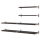 Option: Four rustic black wall shelves with metal brackets arranged in a row.