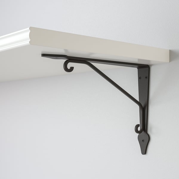 Modern wall shelf with black metal bracket, sturdy design, minimalist style.