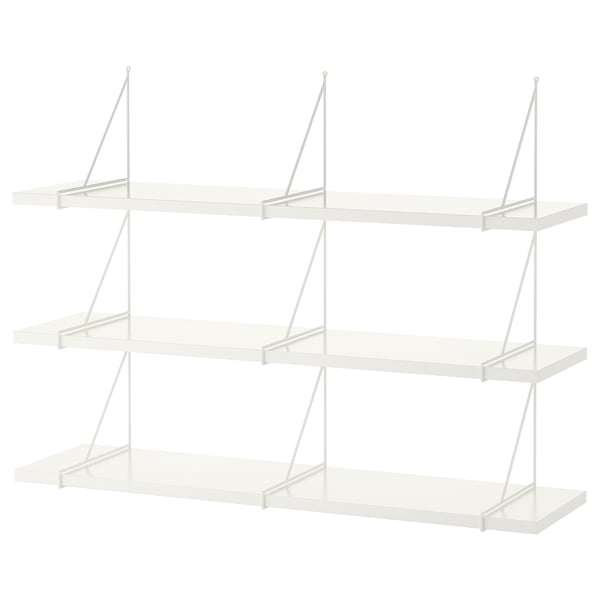 A white BERGSHULT wall shelf set with three rectangular shelves and minimalist metal brackets.