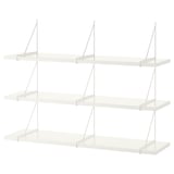 A white BERGSHULT wall shelf set with three rectangular shelves and minimalist metal brackets.