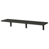 A black wall shelf named BERGSHULT. It is rectangular with bevelled and smooth edges, supported by two black metal brackets.