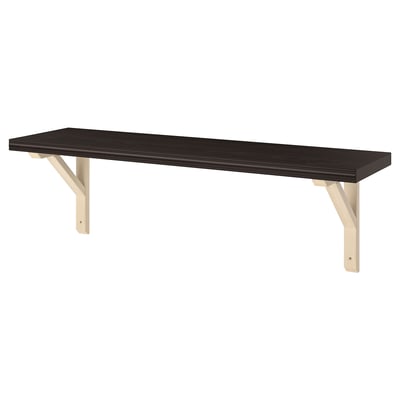 A black wooden wall shelf BERGSHULT with beveled and smooth edges, supported by light wooden brackets.