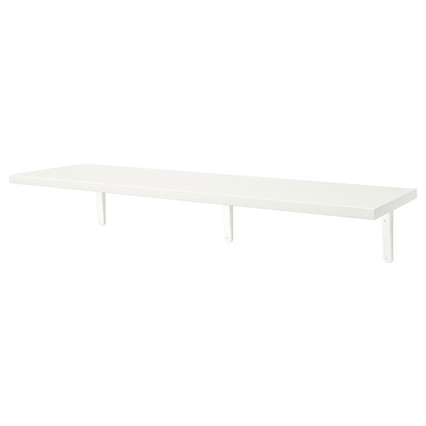 A white BERGSHULT wall shelf. Its rectangular, supported by metal legs, and has a beveled and smooth edge.