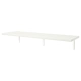 A white BERGSHULT wall shelf. Its rectangular, supported by metal legs, and has a beveled and smooth edge.