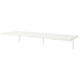 Option: A white BERGSHULT wall shelf. Its rectangular, supported by metal legs, and has a beveled and smooth edge.