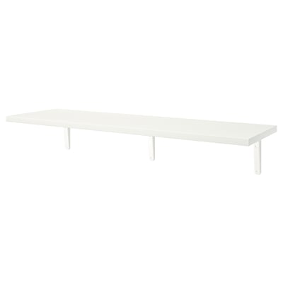 A white BERGSHULT wall shelf. Its rectangular, supported by metal legs, and has a bevelled and smooth edge.