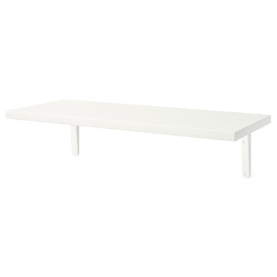 A white wall shelf named BERGSHULT, rectangular in shape, with a bevelled and smooth edge design, supported by two metal brackets.