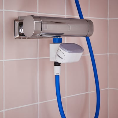 BERGVATTNET water meter, blue, plastic, wall-mounted, monitors water use, small but noticeable.