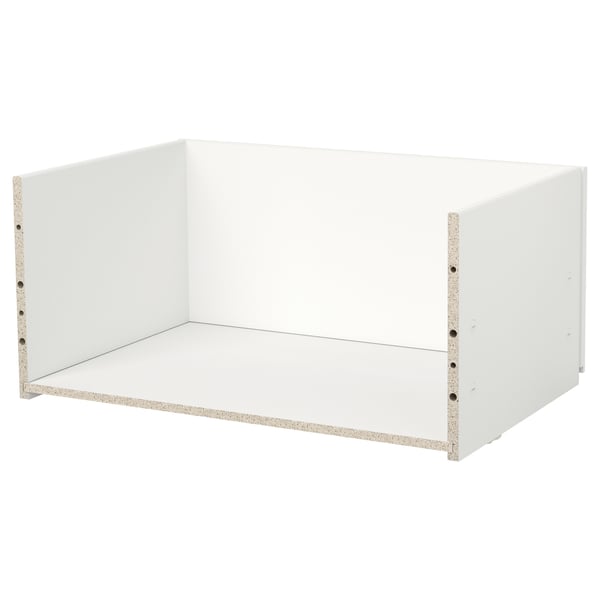 Ikea BESTÅ white drawer frame, rectangular shape, with no handles. Made from particleboard and covered in plastic foil. Ideal for storage.