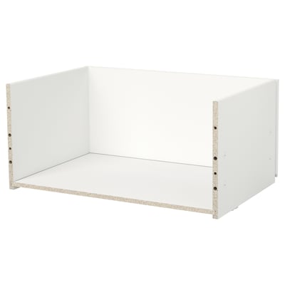 Ikea BESTÅ white drawer frame, rectangular shape, with no handles. Made from particleboard and covered in plastic foil. Ideal for storage.