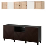 Dark brown BESTÅ tv storage with light wood & woven doors. Includes tv stand & wall cabinets.