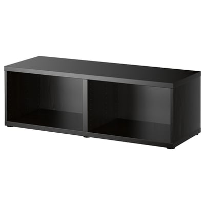 A black BESTÅ storage frame, rectangular in shape, with open compartments and no internal dividers.