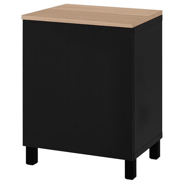Black BESTÅ storage unit, square-shaped with light wood top and black legs.