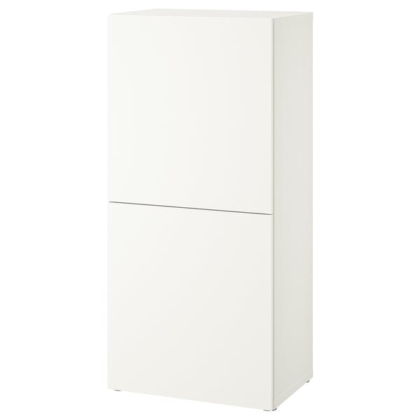 White BESTÅ cabinet, rectangular, minimalist white design, flat surfaces, two soft-closing doors.