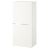 White BESTÅ cabinet, rectangular, minimalist white design, flat surfaces, two soft-closing doors.
