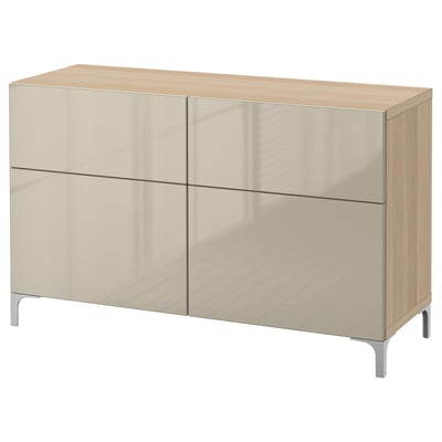 Modern BESTÅ cabinet with light wood top, mirrored doors, metal legs.