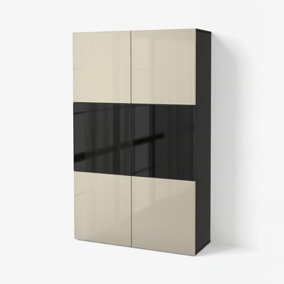 BESTÅ Storage combination w glass doors, black-brown/Selsviken high-gloss/beige smoked glass, 120x42x193 cm