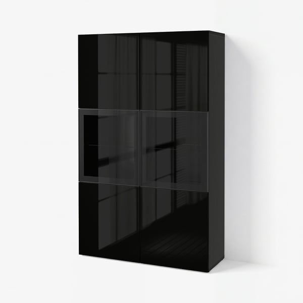 BESTÅ Storage combination w glass doors, black-brown/Selsviken high-gloss/black clear glass, 120x42x193 cm