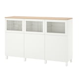 White BESTÅ cabinet: modern, wooden top, glass doors, adjustable shelves, four legs.