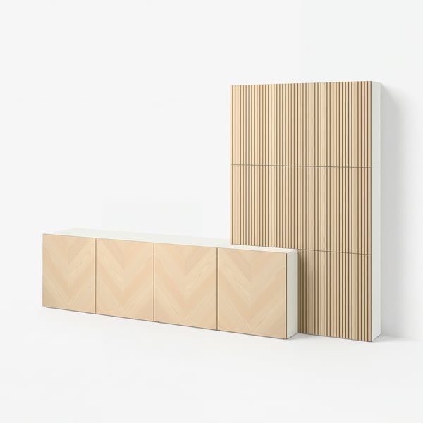 BESTÅ Storage combination with doors, white Hedeviken/Björköviken ash veneer, 300x42x193 cm