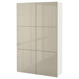 A white BESTÅ shelf unit with six beige reflective doors. The modern design adjustable shelves and hinges for customization.