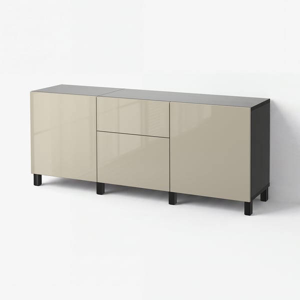BESTÅ Storage combination with drawers, black-brown/Selsviken/Stubbarp high-gloss/beige, 180x42x74 cm