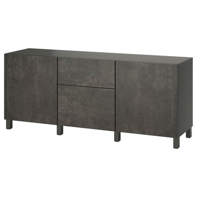 Dark grey BESTÅ storage unit. Wide, rectangular, three-section design with cabinet and drawer storage, sleek handles.