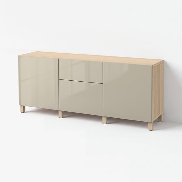 BESTÅ Storage combination with drawers, white stained oak effect/Selsviken/Stubbarp high-gloss/beige, 180x42x74 cm