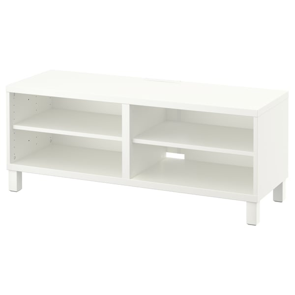White BESTÅ tv stand, rectangular shape, open storage, minimalist design.