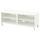 White BESTÅ tv stand, rectangular shape, open storage, minimalist design.