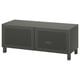 Modern dark grey BESTÅ tv unit with mesh doors for cable management and adjustable shelves for customizable storage.