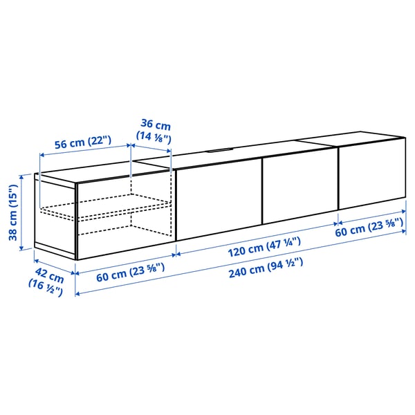BESTÅ TV bench with doors, white/Selsviken high-gloss white, 240x42x38 cm