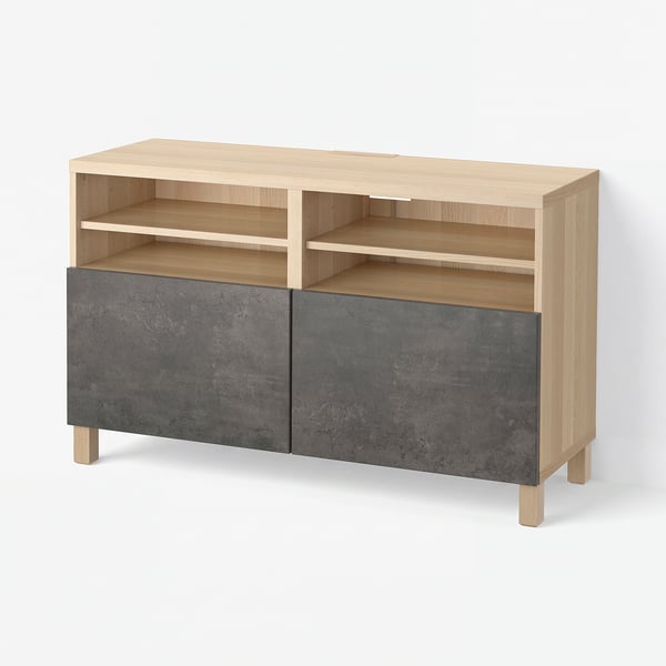 BESTÅ TV bench with doors, white stained oak effect Kallviken/Stubbarp/dark grey concrete effect, 120x42x74 cm