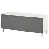 A white and gray BESTÅ tv bench with two doors and adjustable shelves, featuring a modern design and metal legs.