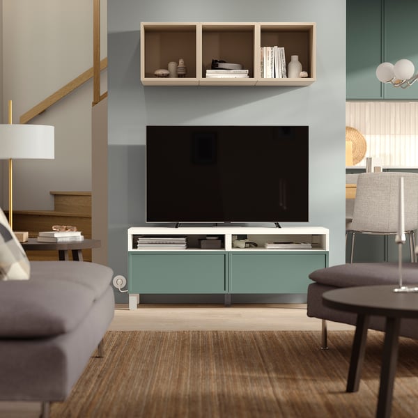 BESTÅ TV bench with drawers, white/Krukmakare dark grey-green, 120x42x48 cm