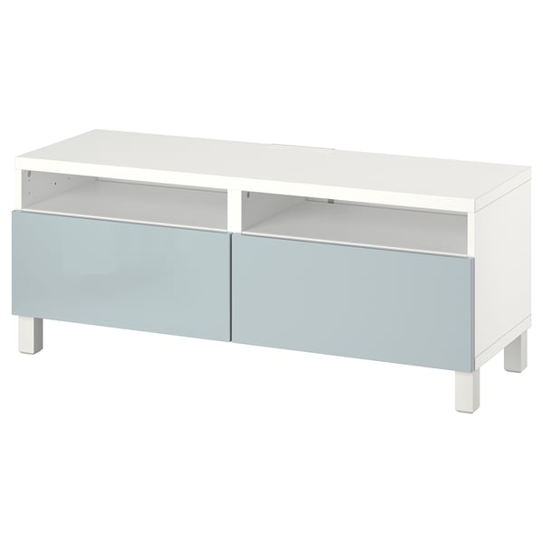 White and grey tv stand, minimalist design with 2 drawers, open compartments, and metal legs.