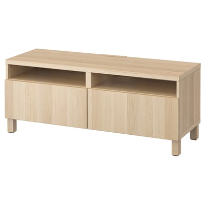 Light wood BESTÅ tv stand. Two drawers, open sides, honey oak finish. Soft closing drawers, cable outlets.