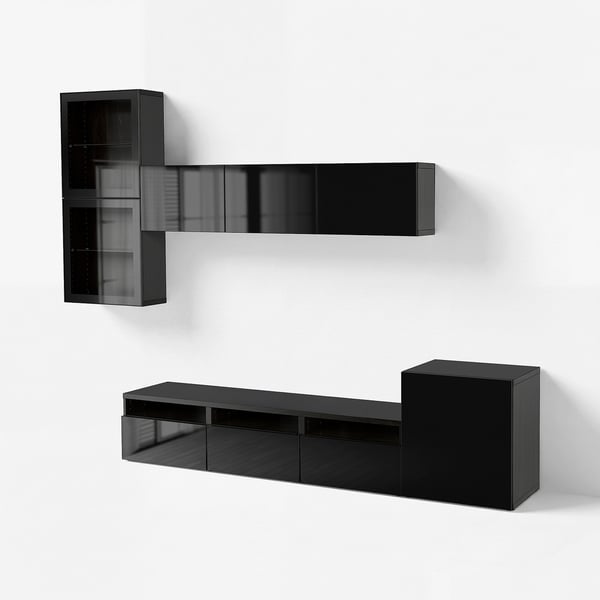 BESTÅ TV storage combination/glass doors, black-brown/Selsviken high-gloss/black clear glass, 300x42x211 cm