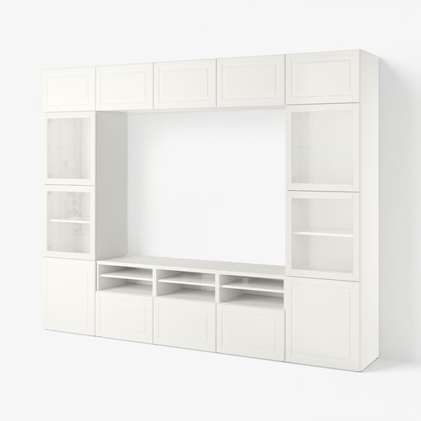 BESTÅ TV storage combination/glass doors, white Smeviken/Ostvik white clear glass, 300x42x231 cm