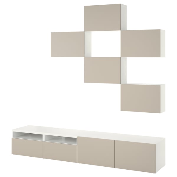 A white and beige BESTÅ tv storage unit with adjustable shelves and integrated cable management.