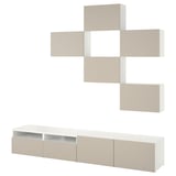 A white and beige BESTÅ tv storage unit with adjustable shelves and integrated cable management.