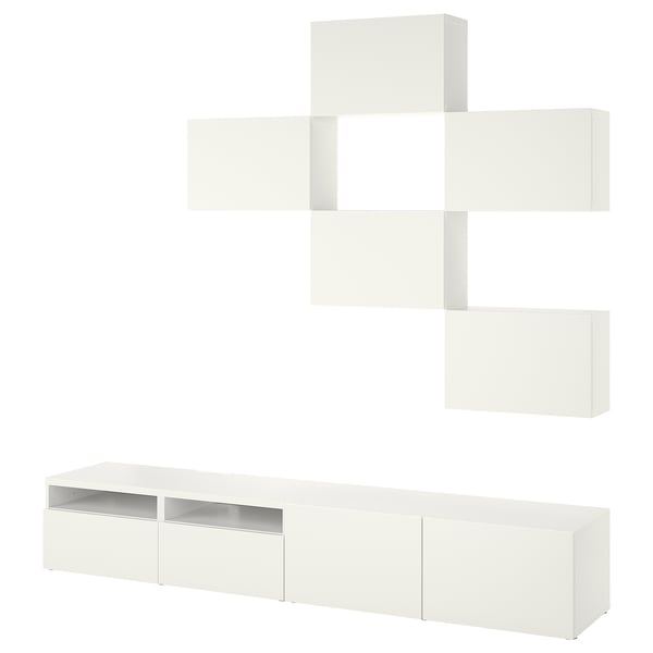 White BESTÅ tv unit: modern, rectangular design with tv bench and wall cabinets. Particleboard and fiberboard.