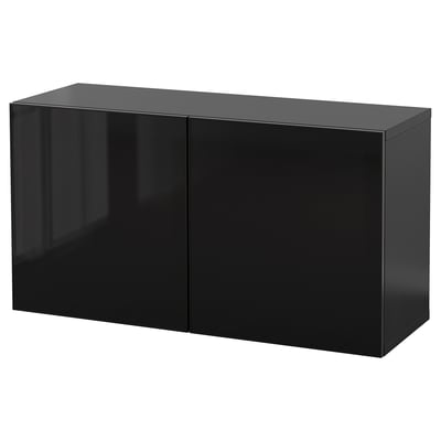 A black ikea BESTÅ storage unit with sleek, rectangular design and two glass doors.