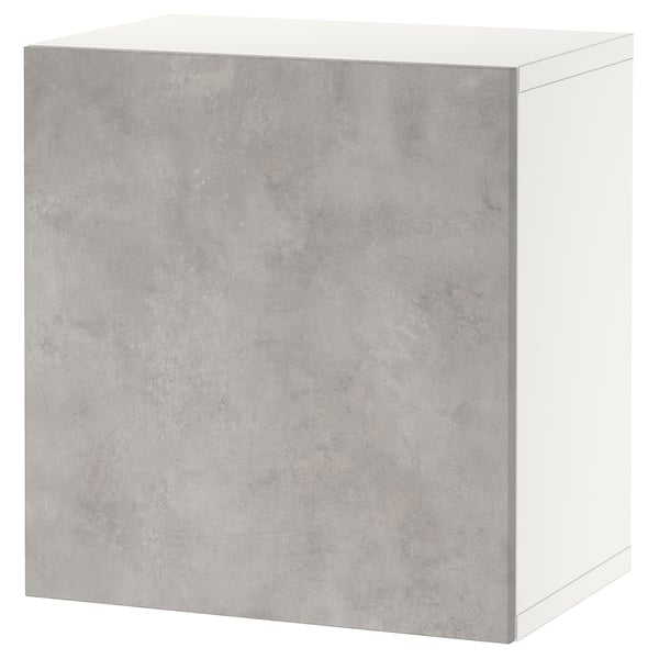 Ikea BESTÅ grey cabinet, square-shaped with concrete effect texture, white trim, and one door.