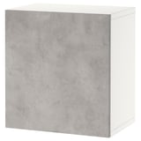 Ikea BESTÅ grey cabinet, square-shaped with concrete effect texture, white trim, and one door.