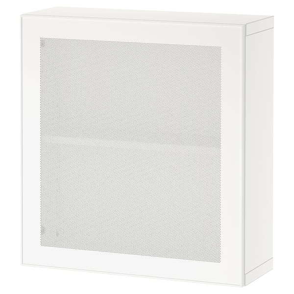 White BESTÅ storage unit, square, with perforated metal doors.