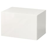 A white BESTÅ storage unit, rectangular in shape with clean lines and a minimalist design, made from particle- and fibreboard with a glossy finish.