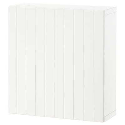 BESTÅ white storage unit. Modern, rectangular, panel design. Made from particleboard and fiberboard. Versatile, organizes home items.