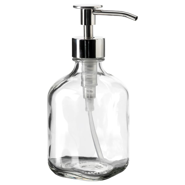 BESTÅENDE soap dispenser, clear glass with chrome pump, rectangular shape, simple design.