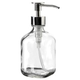 BESTÅENDE soap dispenser, clear glass with chrome pump, rectangular shape, simple design.